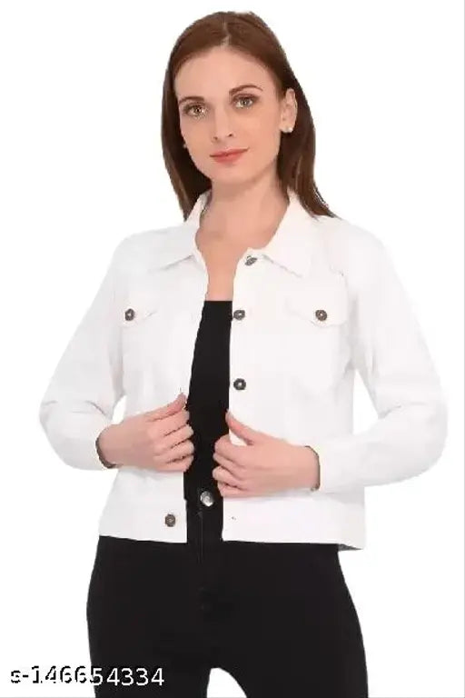 white denim jeckit for women, solid design, long sleeves, size S (bust 34in, length 19in), made in India