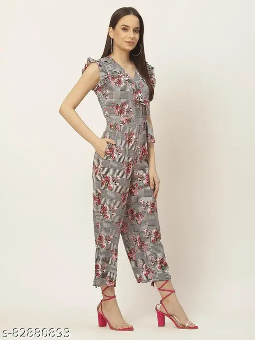 Floral women's poly crepe jumpsuit with short sleeves, perfect for parties, weddings, and events. Made in India