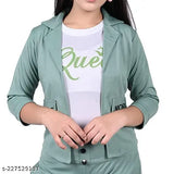 Mint green fashionable dress set for girls aged 4-16 years, featuring a t-shirt, three quarter sleeve jacket, and full length pant. Solid bottom pattern, single quantity, made in India