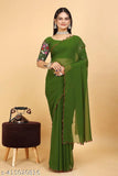 Green saree with red borders, embroidered blouse