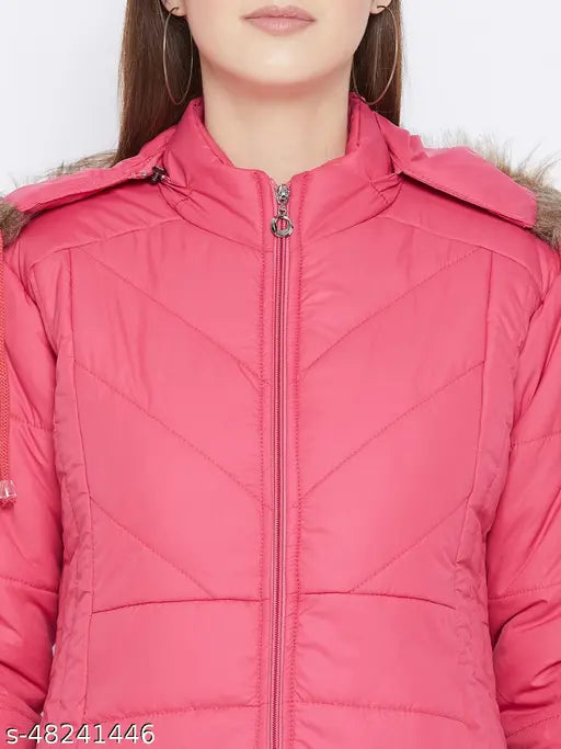 Pink women's polyester parka jacket, full sleeve, solid pattern, Vero Amore brand, quilted with polyfill, detachable faux fur hood, 3 pockets