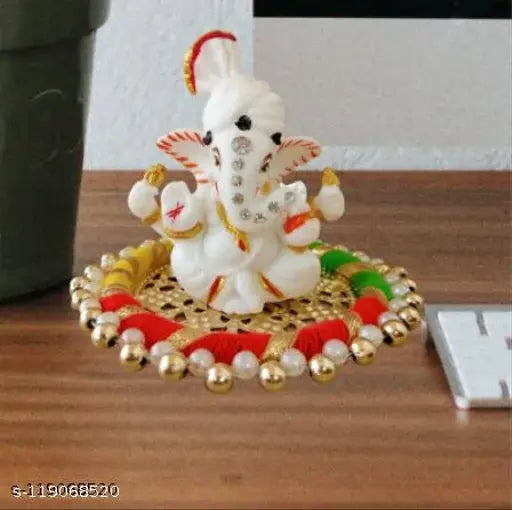 Handcrafted poly resin Ganesh ji idol on plate, decorative showpiece for home and car - 12cm