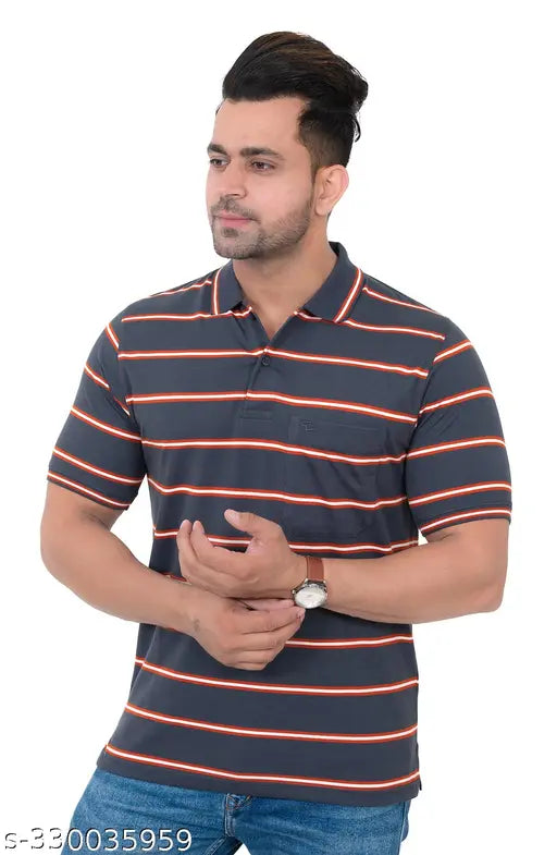 Breathable polycotton striped T-shirt, men's cuffed sleeve regular fit with chest pocket - ideal for summer events