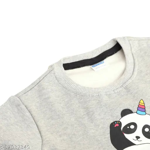 Grey cotton blend panda printed sweatshirt for baby boys & girls, perfect winter wear for kids. Comfy style with long sleeves. Mininest trendy design