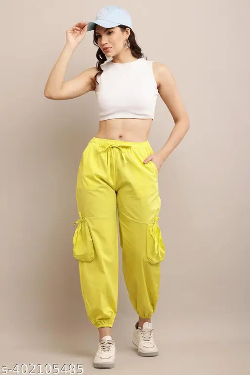 Yellow poplin cotton women's high-waisted straight-legged tapered pants with wide-leg design