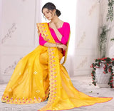 Yellow Silk Organza Saree with Embroidered Design and Separate Blouse, Traditional Indian Bridal Wear