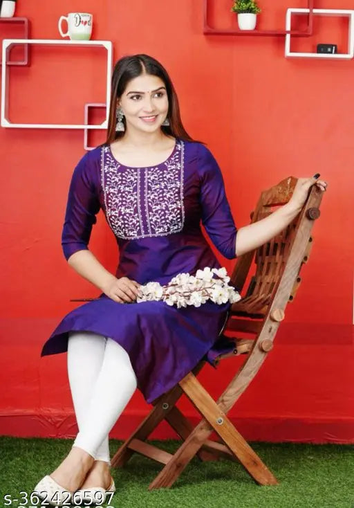 Purple Art Silk kurti with embroidery, three-quarter sleeves, size S - 5XL. Indian women's fashion accessory