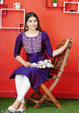 Purple Art Silk kurti with embroidery, three-quarter sleeves, size S - 5XL. Indian women's fashion accessory