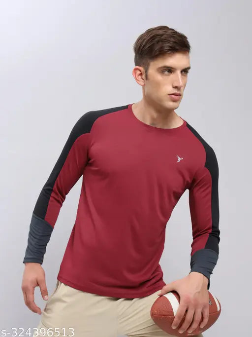 Maroon polyester long-sleeve Technosport men's solid t-shirt, UPF50+, TechNocool, anti-microbial, 2-way stretch, soft & smooth, anti-static