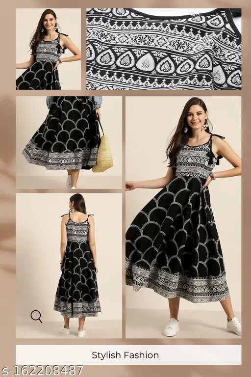 Black rayon printed party dress with sleeveless half-sleeve design, perfect for women and girls