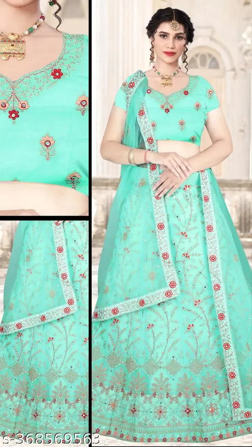Sea Green Embroidered Semi-Stitched Lehenga Choli with net dupatta, ideal for women's parties and festivals