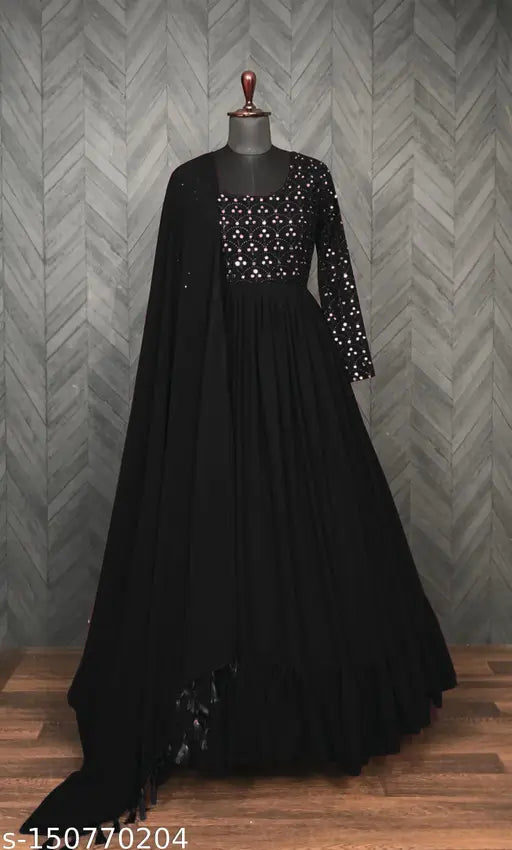 Royal embroidered Georgette blend flared A-line gown, long sleeves, embellished net, suitable for all seasons, hand wash