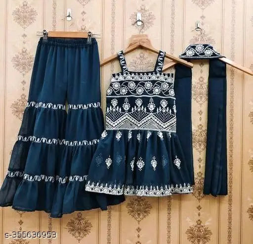 Dark Blue Georgette Embroidered Kurta & Sharara Set for Girls Partywear, 1 pack