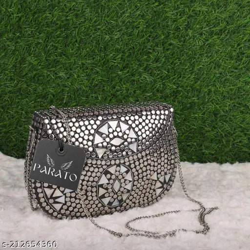 Handmade silver metal bag, decorated with sheep, sling bag style, party-ready clutch, bridal accessory