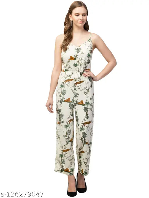 Printed polyester jumpsuit with spegety neck design, sleeveless, by Virgo Moda, size S (34-26-49)