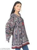 Veldress blue rayon v-neck top with printed net pattern, long sleeves - Indian apparel