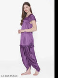 Satin nightdress for women & girls in self-design net pattern, Indian-made comfortable and stylish sleepwear with partiala pants and short sleeves