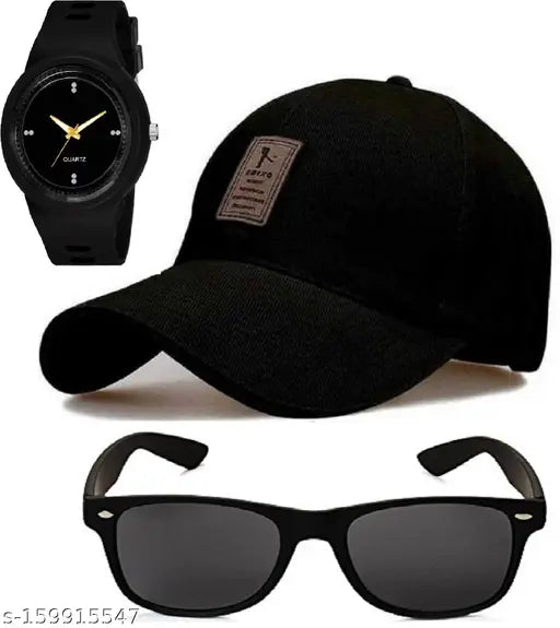 Black sporty combo: Adjustable cotton Ediko baseball cap, Addidas Miller analog watch, polarized aviator sunglasses - special offer for festive men and boys