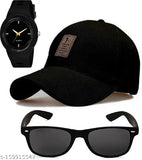 Black sporty combo: Adjustable cotton Ediko baseball cap, Addidas Miller analog watch, polarized aviator sunglasses - special offer for festive men and boys