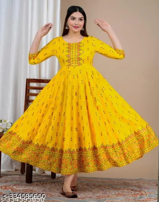 Vivid yellow haldi rasam caramony kurti, Modern Women long dress, Rayon hand block printed border flower anarkali kurta for women, Ethnic garment