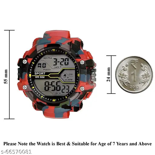 Army Print Sports Digital Men's & Boy's Watch (Red Dial Multicolored Strap)
