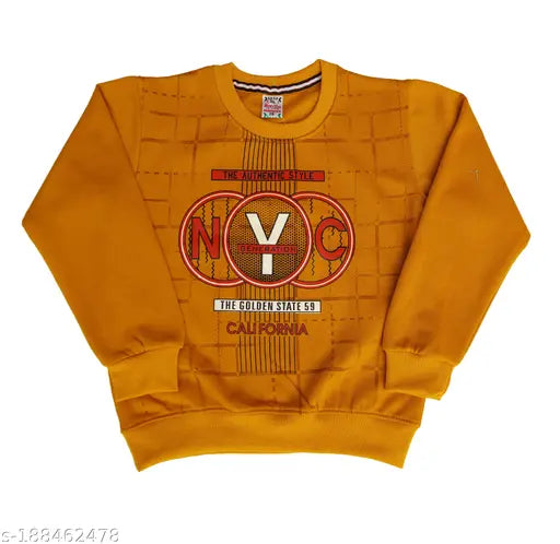 Kids boys winter fleece sweatshirt GSM 290, cotton, long sleeves, printed pattern. KIDS AJ FLEECE SWEATSHIRT on model (India)