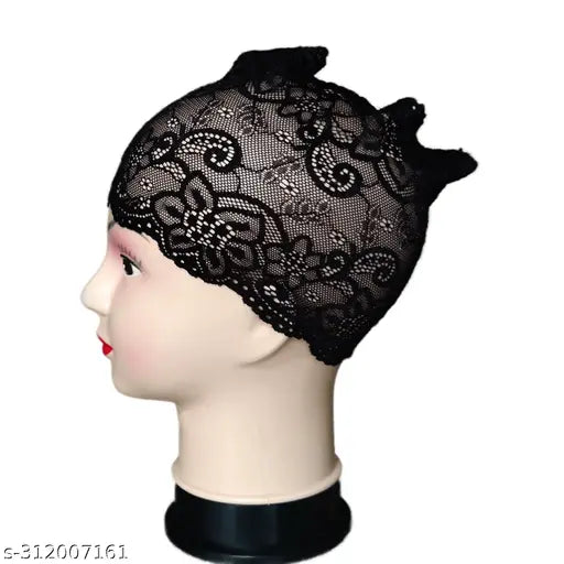 Woman's headpiece, black and white lace with hijab cap design, hairnet style accessory