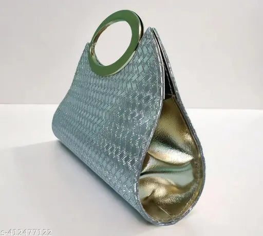Blue metallic clutch purse with gold accents, possibly snake skin texture
