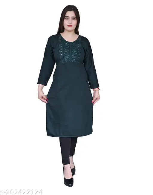 Black woolen embroidered women's a-line kurta