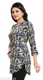 Blue and yellow printed crepe three-quarter sleeve dress top by Aakarsha Refined for women, India origin