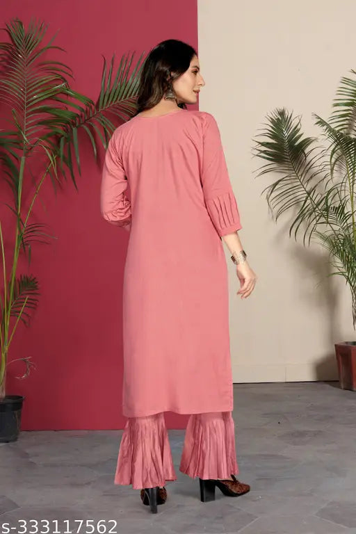 Silk A-Line Kurta Set with Embroidered Neck, Sleeves, and Bottom. Trendy Indian party/wedding wear silk blend. Size: L (42-36-42-46), XL (44-38-44-44), XXL (46-40-46-48)