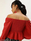 Blazing red polyester solid smocked crop top with long balloon sleeves, Indian fashion for women's wardrobe