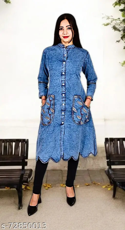 Denim A-line kurti for women, dyed/washed combo, three-quarter sleeves, L (Bust 40in, Length 47in), India, stylish casual or festive wear