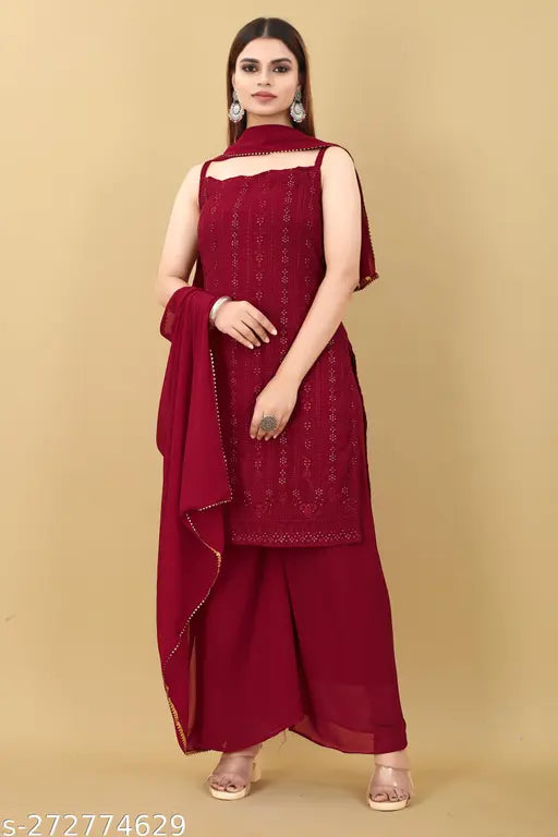 Maroon georgette embroidered partywear set: kurta, palazzos, and dupatta (S, M, L, XL sizes available) - Indian handcrafted fashion