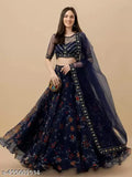 Elegant organza printed Indian lehenga choli with embroidered floral dupatta. Semi-stitched, Georgette fabric, size 42x42x70 inches