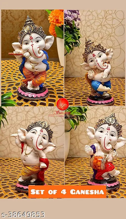 Handcrafted polyresin Laxmi marble & granite flute Ganesh sculptures, pack of 4 - traditional god idols for home and office decor, 6cm x 15cm x 6cm, India origin