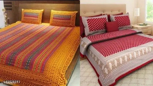 Designer Jaipuri cotton printed 2 bedsheet & 4 pillow covers - vibrant geometric pattern, fine quality cotton for summer beds, made in India