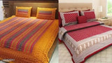 Designer Jaipuri cotton printed 2 bedsheet & 4 pillow covers - vibrant geometric pattern, fine quality cotton for summer beds, made in India