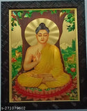Gold synthetic resin Buddha statue in photo frame, 9*12 inches, depicting enlightenment under the Bodhi tree, symbolic of Buddhism