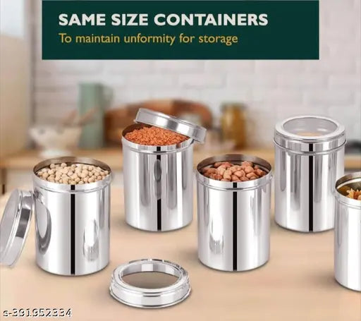 Stainless steel kitchen storage containers, set of 6, see-through lid, 1 kg, 1000ml, silver