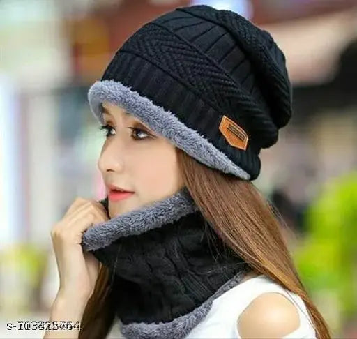 Dark winter beanie hat, fur lining, hooded style, neck warmer