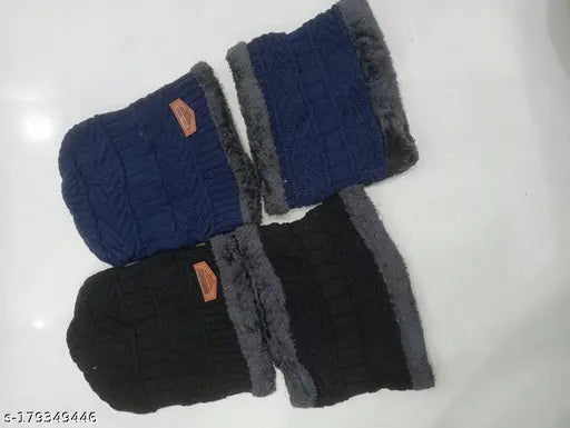 Woolen beanie, skull cap, neck warmer muffler combo in navy & black with faux fur inner side - winter wear set, perfect for cold weather, air proof