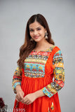 Orange traditional anarkali kameez with multicolored embroidery and matching dupatta