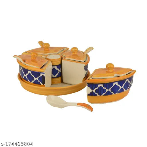 Handpainted ceramic pickle serving jar set with salt dispenser, 4 jars with lid and spoon, 1 salt dispenser, tray. Masala container color yellowblue
