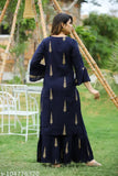 Rayon navy blue color gold print kameez set for women, long sleeves, printed border