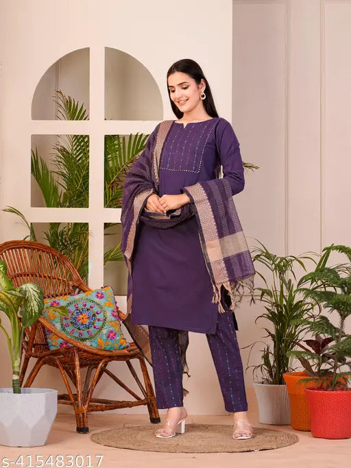 Purple and blue cotton blend straight kameez set with matching dupatta