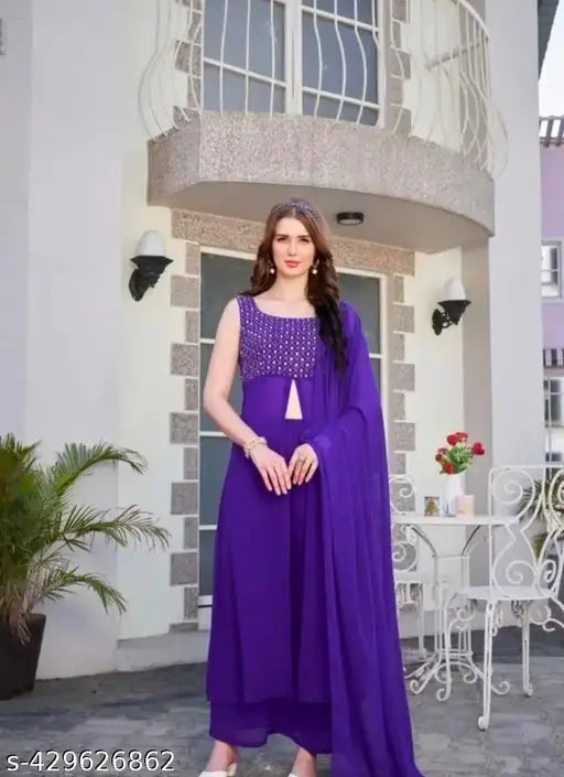 Purple chiffon dupatta with a woman standing in front of a building