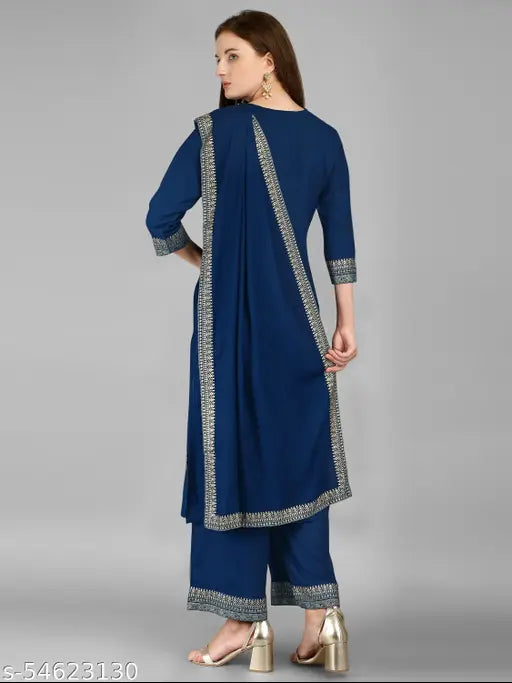 Aagam superior women's rayon kurta set with printed net palazzos and dupatta, XS-M sizes, Indian origin