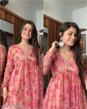 Printed Georgette Long Sleeve Gown with Flower Print, Indian handcrafted, 3/4 sleeves, round neck, umbrella flair