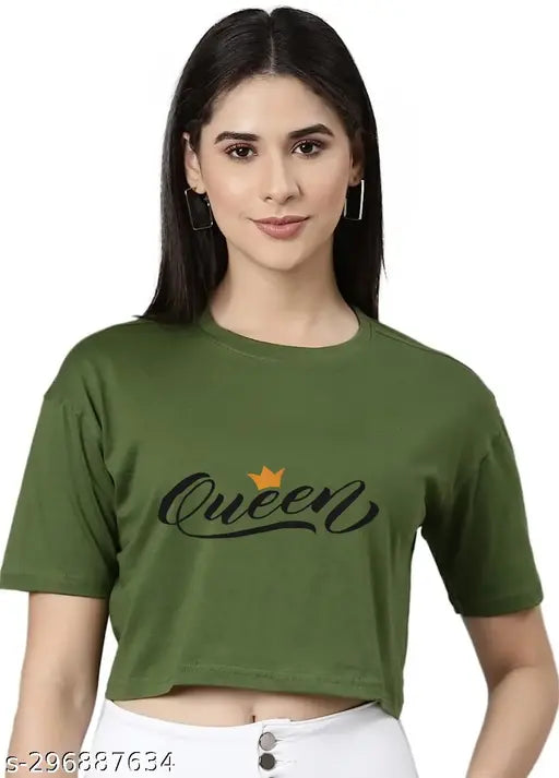 Green cotton blend women's printed crop top with abstract design, stylish and trendy fashionable crop shirt for summer